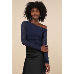Lulus Alluring Poise Navy Blue Lace One-shoulder Long Sleeve Top - Size M
